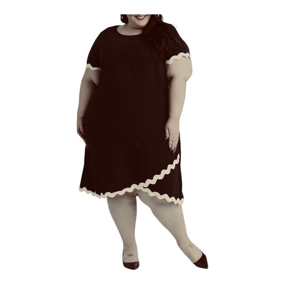 ❣️C’est Nous Tan Trim Black Crepe Office Career Casual Church Dinner Party Dress - Picture 1 of 12